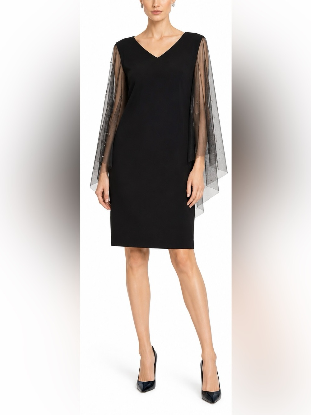 Alberto Makali Black Sheath Dress with Sheer Embellished Cape Sleeves
